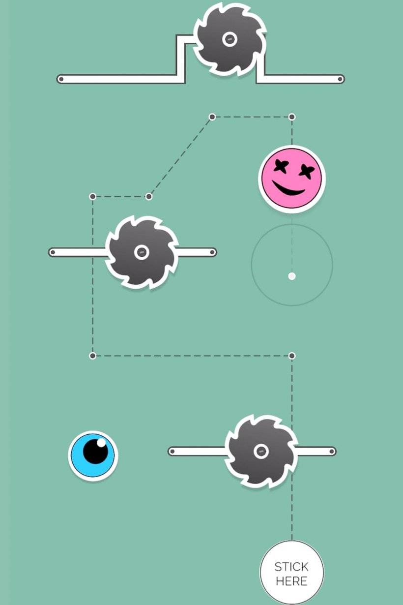 Captura de pantalla de montaña de etiqueta que muestra un fondo verde con un tejido de línea punteada entre sierra de zumbido y otras trampas a lo largo de las cuales debe moverse su pegatina