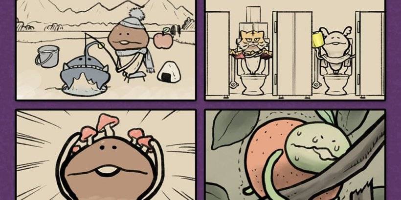 Vier Comic-Panels: Ein Pilz versucht, einen großen Fisch durch ein kleines Eisloch zu schieben; ein verzweifelter Pilz in einer Toilettenkabine ohne Toilettenpapier; ein Pilz mit winzigen Pilzen, die auf seinem Hut wachsen; ein grüner Pilz versucht, Früchte von einem Ast zu stoßen