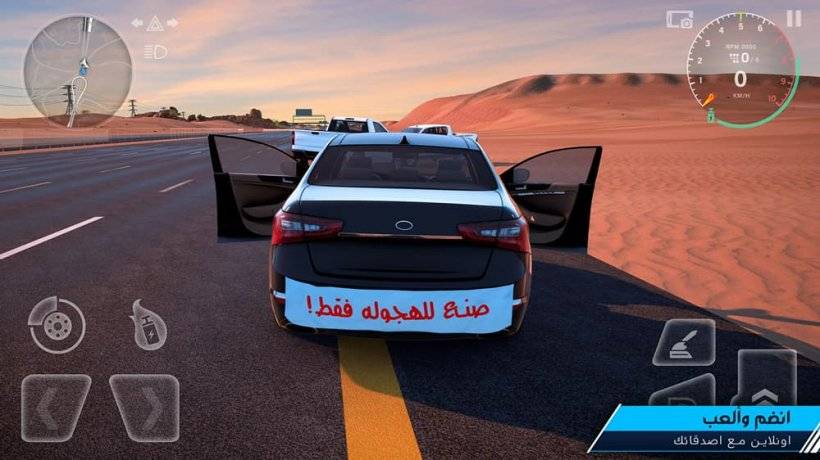 一辆汽车后部的图片停在了一条长柏油拉地平的宽阔沙漠中间