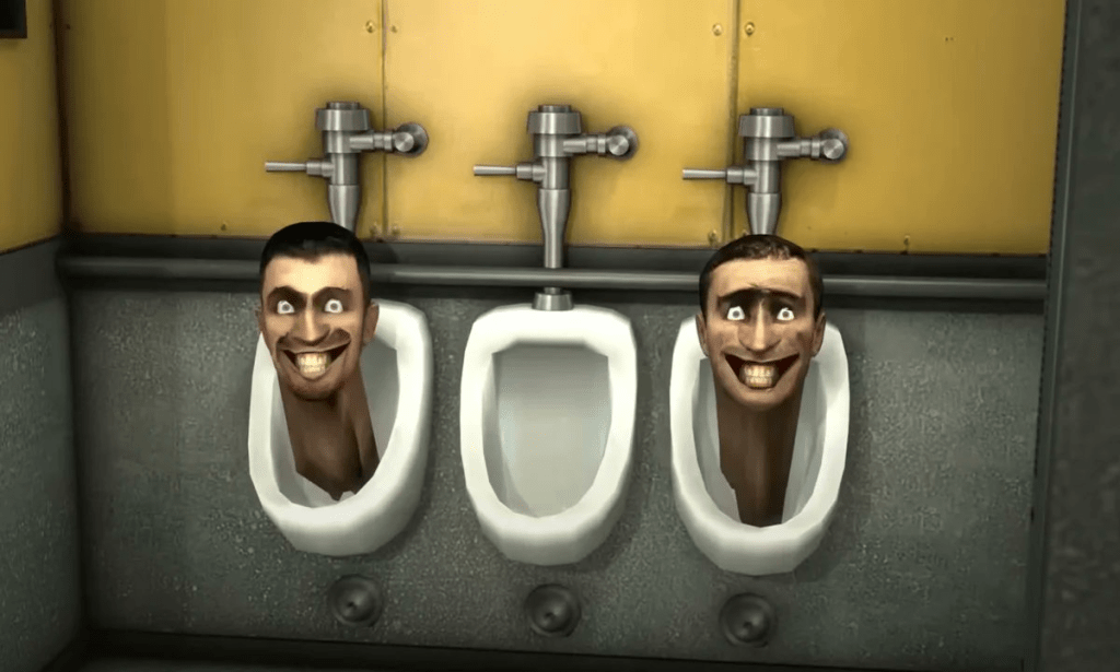 Heads emerging from a urinal in a *Skibidi Toilet* scene, image shared by ShiinaBR on Twitter announcing new *Fortnite* skins