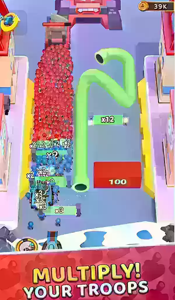Скриншот Grunt Rush, показывающий синие блоки, пробираясь через ворота множителя.