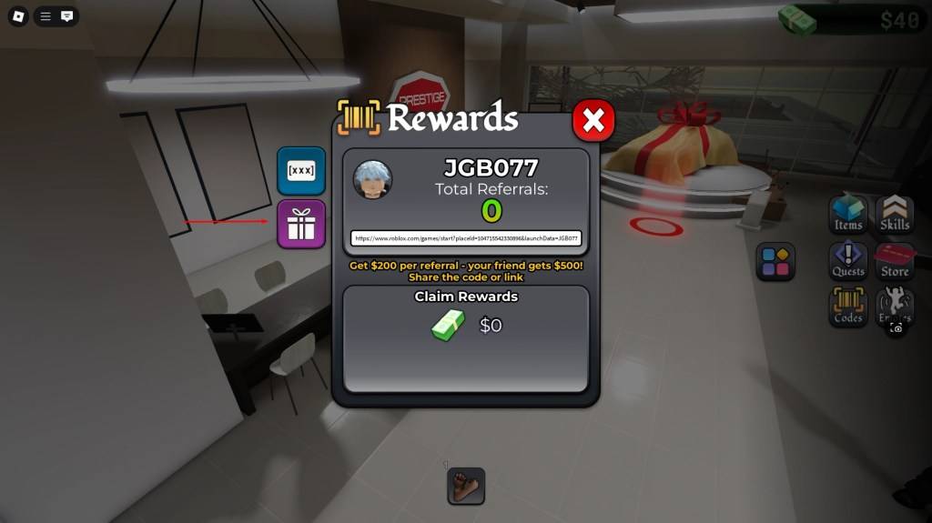 A player interacting with Code Menu in BlockSpin