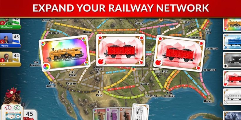 Mapa ng Continental US na may mga riles sa likod ng mga kard na may mga tren sa kanila