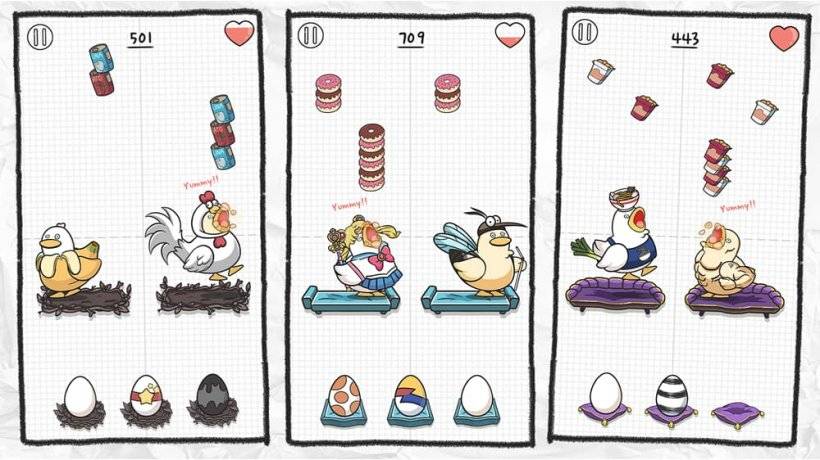 Una imagen del juego de Duck Town que muestra alimentos descendentes en dirección a varios patos vestidos de manera diferente, algunos en cosplay