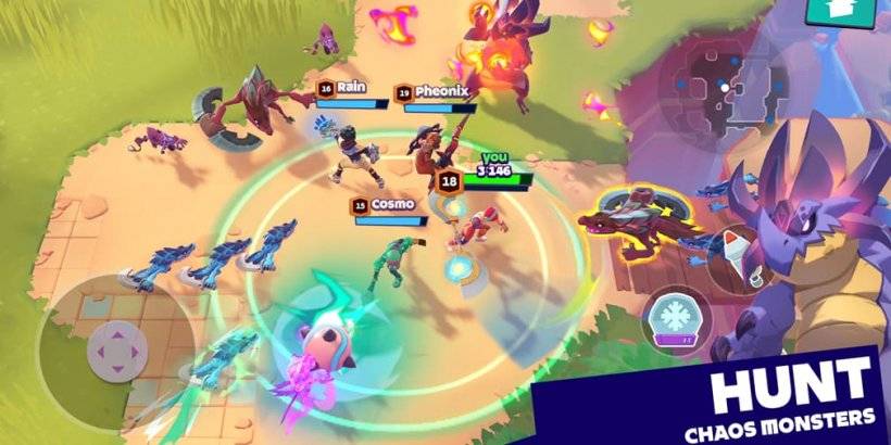 Mo.co游戏玩法的屏幕截图显示五颜六色的千禧一代与怪物战斗