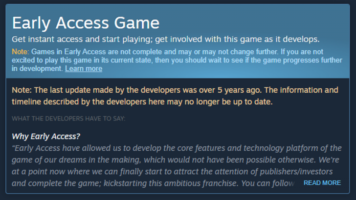 Example of a flagged Early Access game