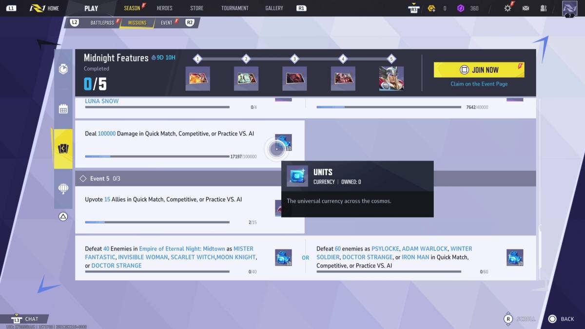 Marvel Rivals Gameplay que muestra misiones que se pueden completar para obtener unidades gratuitas
