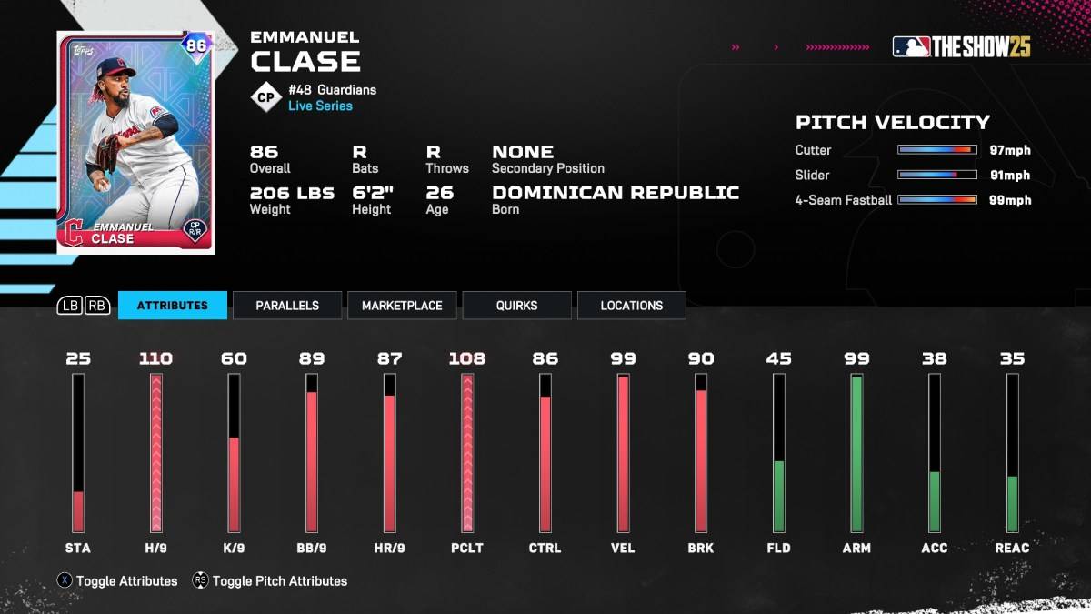 Emmanuel Clase as part of an article about best Diamond Dynasty cards in MLB The Show 25.