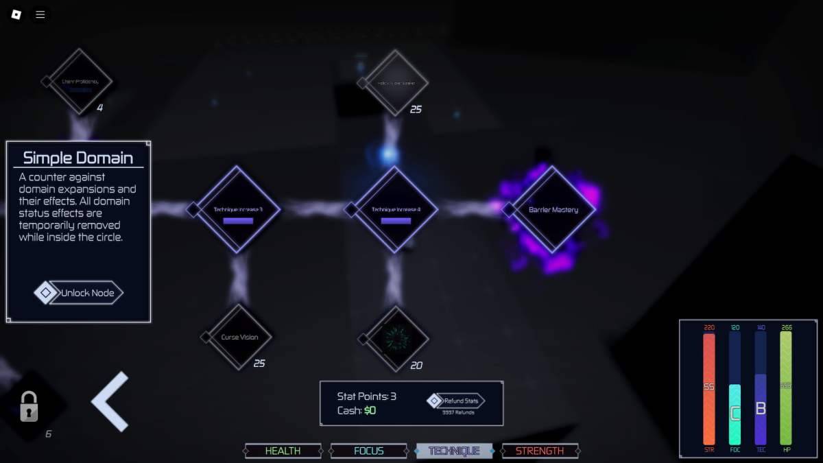 Domínio simples na árvore técnica em Jujutsu Infinite