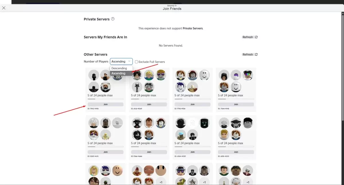 Roblox BlockSpin server selection menu