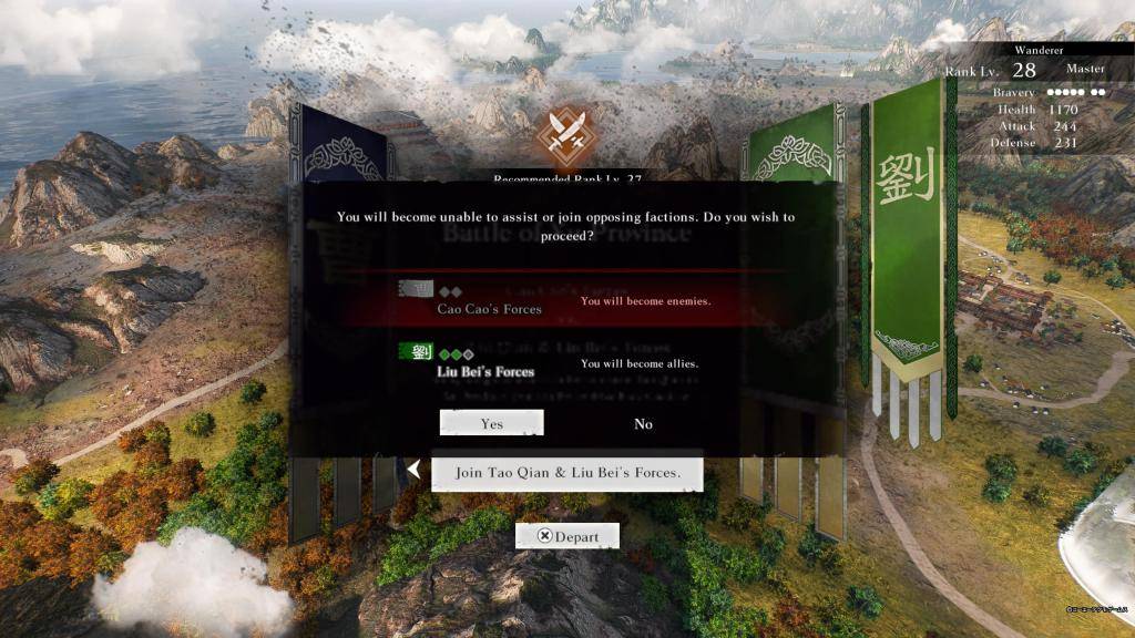 Una opción para aliarse con Cao Cao o Liu Bei en Dynasty Warriors: Origins