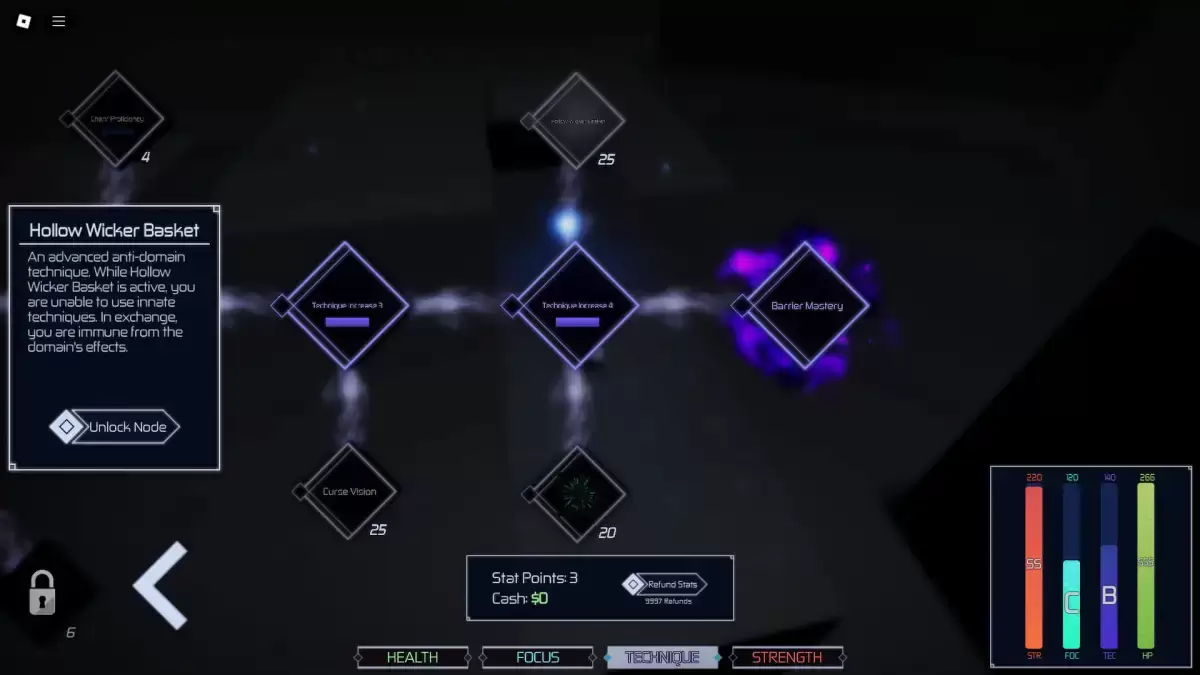 Cesta de vime oco na árvore técnica em Jujutsu Infinite