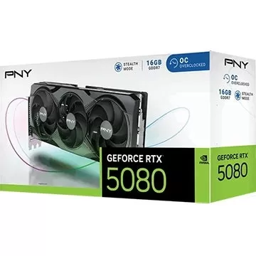 PNY GeForce RTX 5080 graphics card showcasing premium cooling design